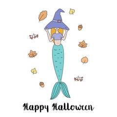 Mermaid in hat witch isolated vector illustration. Happy Halloween - 172067318