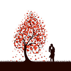 A black tree with red hearts instead of leaves on a white background with a kissing couple nearby. Vector illustration.