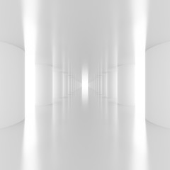 Futuristic empty white corridor with columns and bright light. 3D Rendering.
