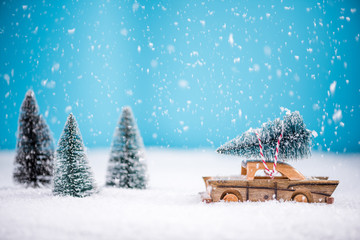 Vintage toy car carry Christmas pine tree in snow