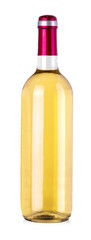 bottle of white wine on isolated reflective white background.