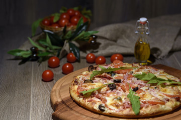 Delicious fresh pizza served on wooden table