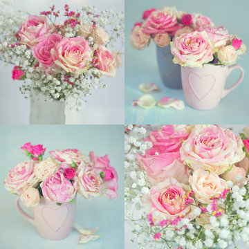 Flower collage .Close-up floral composition with a pink roses on a light background. 