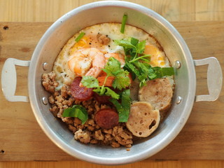 Thai Style Egg Pan with Pork and Prawn. Delicious Breakfast. Bangkok , Thailand