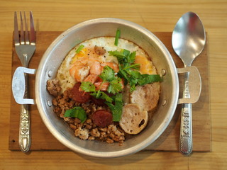 Thai Style Egg Pan with Pork and Prawn. Delicious Breakfast. Bangkok , Thailand