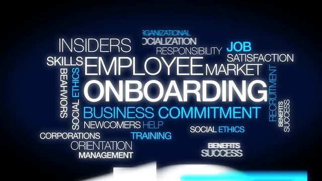 Onboarding new Employee orientation corporate business newcomers occupation training job satisfaction words tag cloud blue text animation