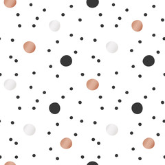 White Christmas and New Year's wrapping paper with dots of gold and bronze foil. Seamless vector pattern.