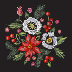 Embroidery christmas pattern with flowers, pine and mistletoe. Vector embroidered new year floral elements for design.