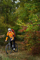 Naklejka premium back view of a man with a bicycle and red backpack against the blue sky. cyclist rides a bicycle.