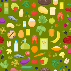 Cartoon Color Healthy Food Background Pattern on a Green. Vector
