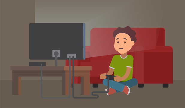 Kid playing video game at night. Gaming addiction. Vector flat illustration
