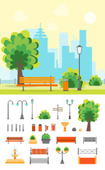 Naklejka premium Cartoon Urban Park with Bench and Element Set. Vector