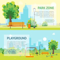 Cartoon Urban Park and Kids Playground Banner Card. Vector