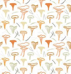 Seamless nordic floral pattern with cute chanterelle mushrooms. Nature drawn texture