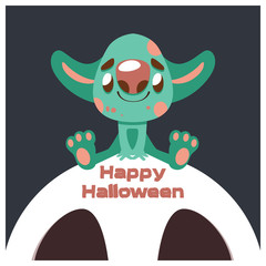 Joyful green monster with big ears Halloween greeting