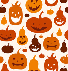 Halloween vector seamless pattern. Decorative background with funny drawing pumpkins. Cute silhouettes