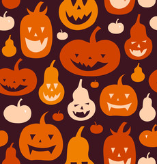 Halloween vector seamless pattern with angry silhouettes. Decorative background with funny drawing pumpkins
