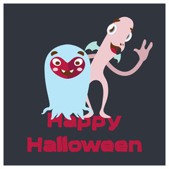 Halloween greeting with two cute friendly monsters