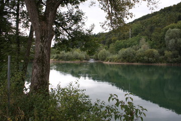 Clear Aare River near Aarburg citi in Switzerland.