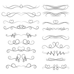 Set of decorative floral swirls elements, dividers, page decors. Hand drawn vector ornaments with heart.