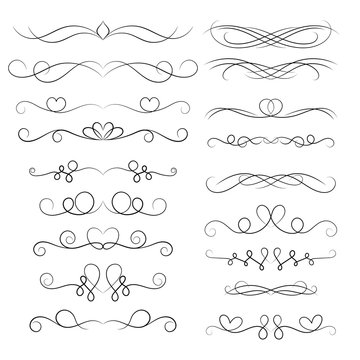 Set of decorative floral swirls elements, dividers, page decors. Hand drawn vector ornaments with heart.