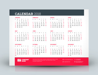 Vector calendar poster for 2018 Year. Week starts on Sunday. Stationery design template