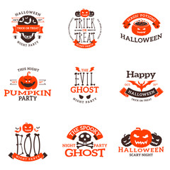 Set of happy Halloween badges. Vector design elements for greetings card, party flyer and promotional materials. Vector illustration