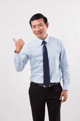 businessman pointing up thumb up to his side