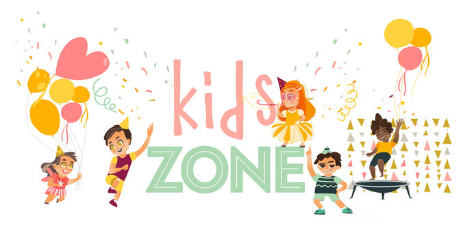 vector flat kids zone ,at party set. Funny girls in hat whistling, dancing , running with balloon, boys jumping at trampoline, and dancing . Isolated illustration on white background
