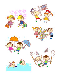 子供　行事　四季　入学式　こどもの日　梅雨　七夕　水泳　虫取り