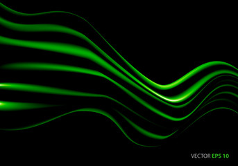 Green fabric satin wave flying on black luxury background vector illustration.