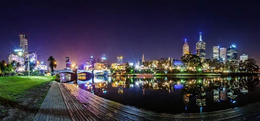 Panorama view of a beautiful view of docklands and The Princes Bridge with a cloudy sky and twilight in Melbourne Australia.