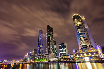 A view across the Yarra river at the landmark of Melbourne downtown during the city’s nightly fireshow..