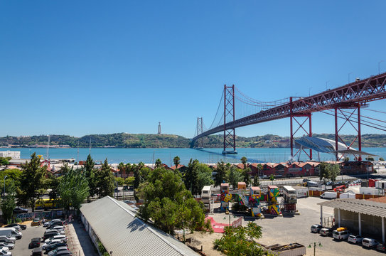 View on 25 Abril bridge,  Rio Maravila, Lx Factory, Lisbon, Portugal