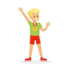 Young boy with a first place medal, kid celebrating his golden medal cartoon vector Illustration