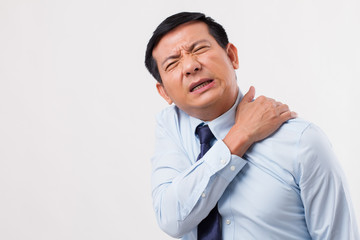 asian business man suffering from neck pain, arthritis, gout symptoms