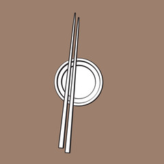 Bamboo Asian, Chinese, Japanese chopsticks lying on soy sauce bowl, sketch vector illustration isolated on brown background. Traditional Chinese, Japanese, Thai cuisine - chopsticks and soy sauce
