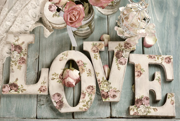 love background with vintage style letters and roses - obrazy, fototapety, plakaty
