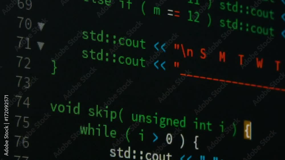 Poster programmer scrolling up and down and checking code for editing futuristic technology concept with gr