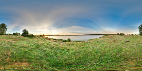 3D spherical panorama with 360 viewing angle. Ready for virtual reality or VR. Full equirectangular projection. Sunrise at the bank of lake. Fresh green.