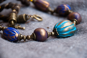 Bohemian beaded necklace from polymer clay. Handmade jewelry.