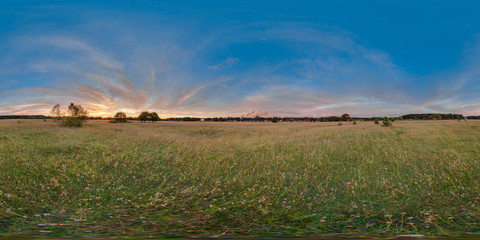 3D spherical panorama with 360 viewing angle. Ready for virtual reality or VR. Full equirectangular projection. Sunset in the field.