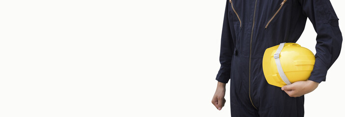 worker holding protect helmet isolated on white background