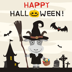 Happy Halloween! Greeting card or banner for Halloween with funny goat in cartoon style. Goat in witch hat and with broom on background of terrible home and cemetery.