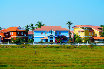 Bright colors. Blue house near the beach in Benaulim, South Goa, India. Big mansion. - obrazy, fototapety, plakaty
