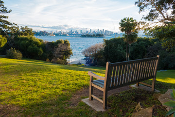 A bench with Sydney skyline view.