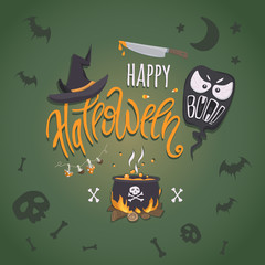 Happy halloween.Vector poster with hand-drawn lettering and traditional elements halloween:pot with a potion,witch hat,ghost,bunch of poisonous mushrooms,knife with fake blood,bats,skulls and bones