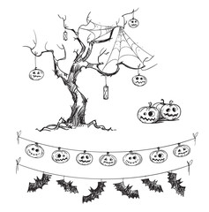 Halloween drawings. Carved pumpkins, lanterns, flags. 