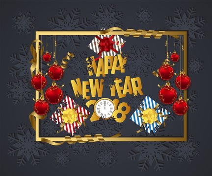 Luxury Elegant Merry Christmas and happy new year 2018 gift poster. Frame and red christmas balls