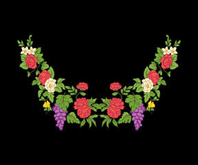 Embroidery for the collar line. Floral ornament in vintage style